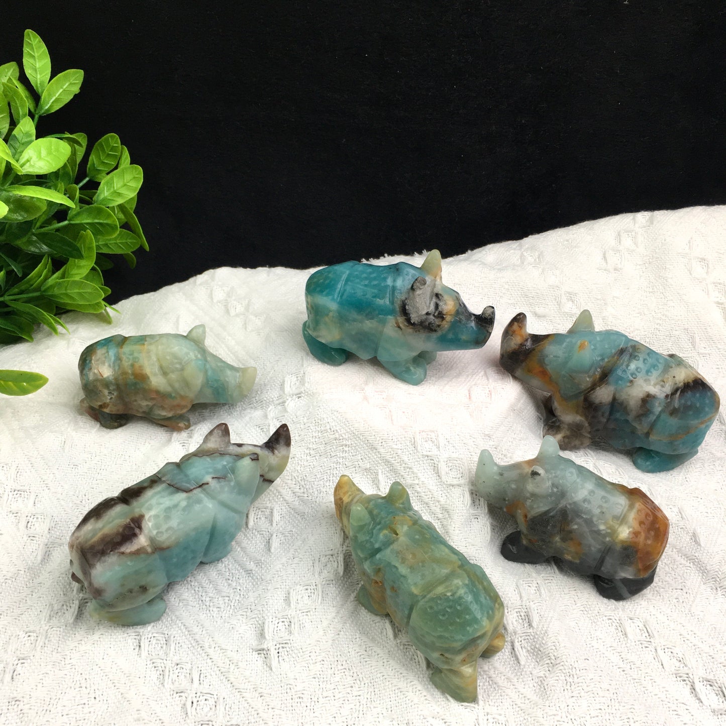 Wholesale Natural Crystal Carved Sculpture Caribbean calcite /fluorite  Rhinoceros and Caribbean calcite penguin