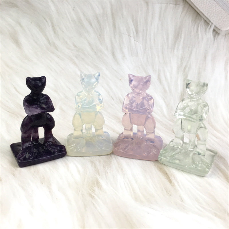 Hot Sale Natural Crystal Pink/White Opalite/Purple Mica Crystal Carved Mewtwo Pocket Monster for Decoration