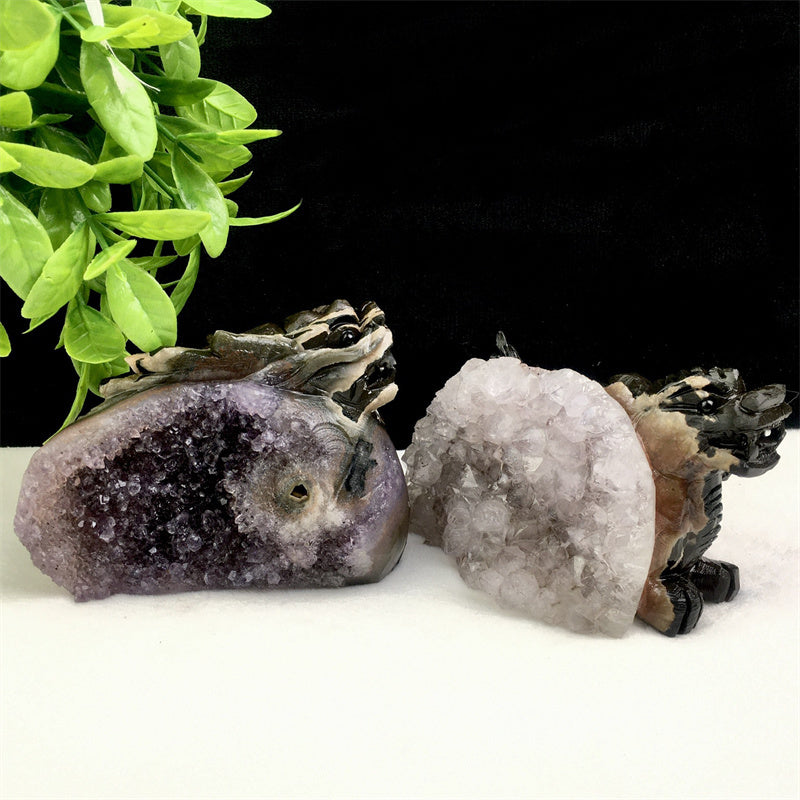 Wholesale high quality reiki natural crystal  Amethyst qilin carving Auspicious animal for decoraiotion