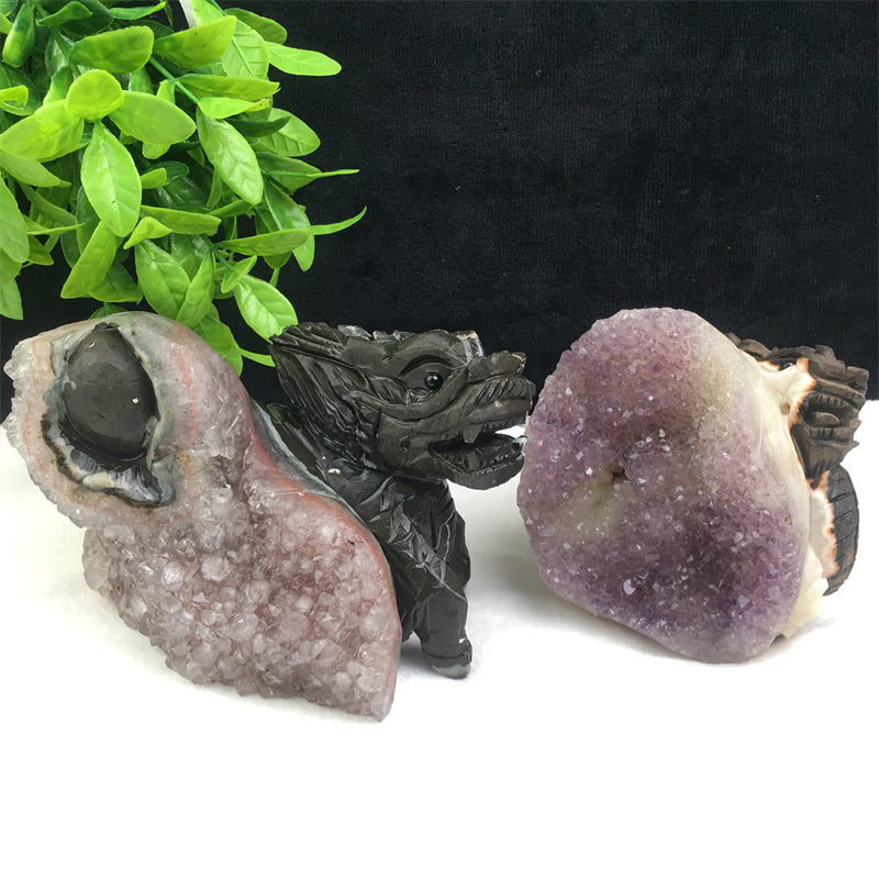 Wholesale high quality reiki natural crystal  Amethyst qilin carving Auspicious animal for decoraiotion