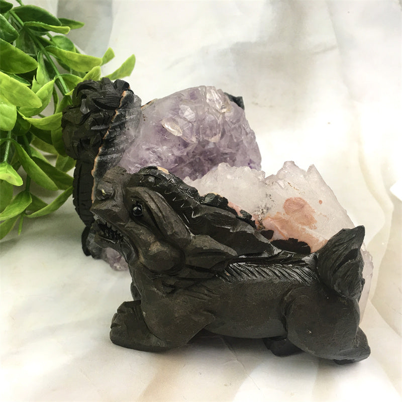 Wholesale high quality reiki natural crystal  Amethyst qilin carving Auspicious animal for decoraiotion