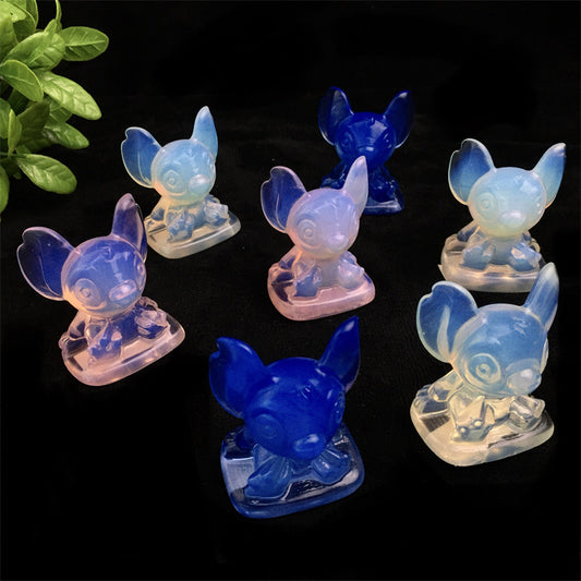Wholesale high quality  Stitch pink opal light carving for gift calcite pink opal light stitch healing crystal carving