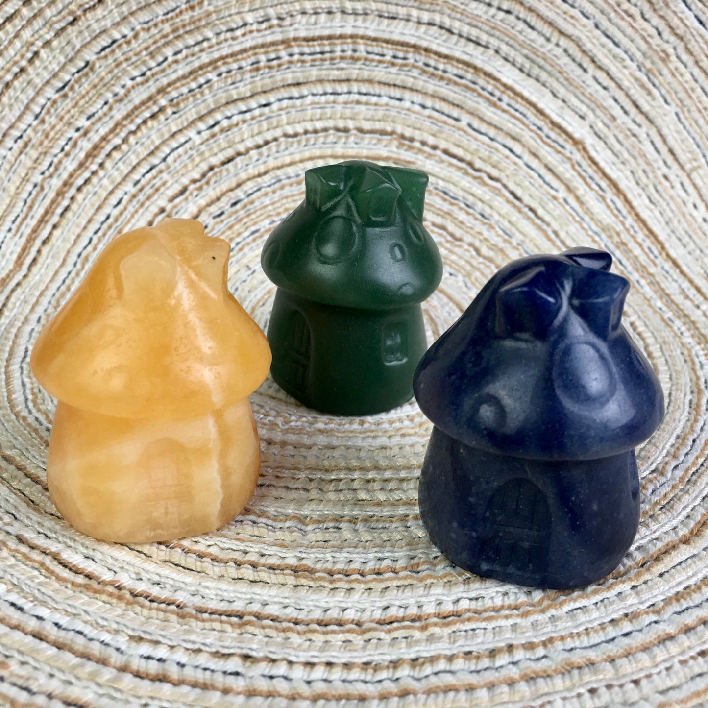 Wholesale natural cute crystal carving green/blue aventurine and orange calcite mushroom house for gift