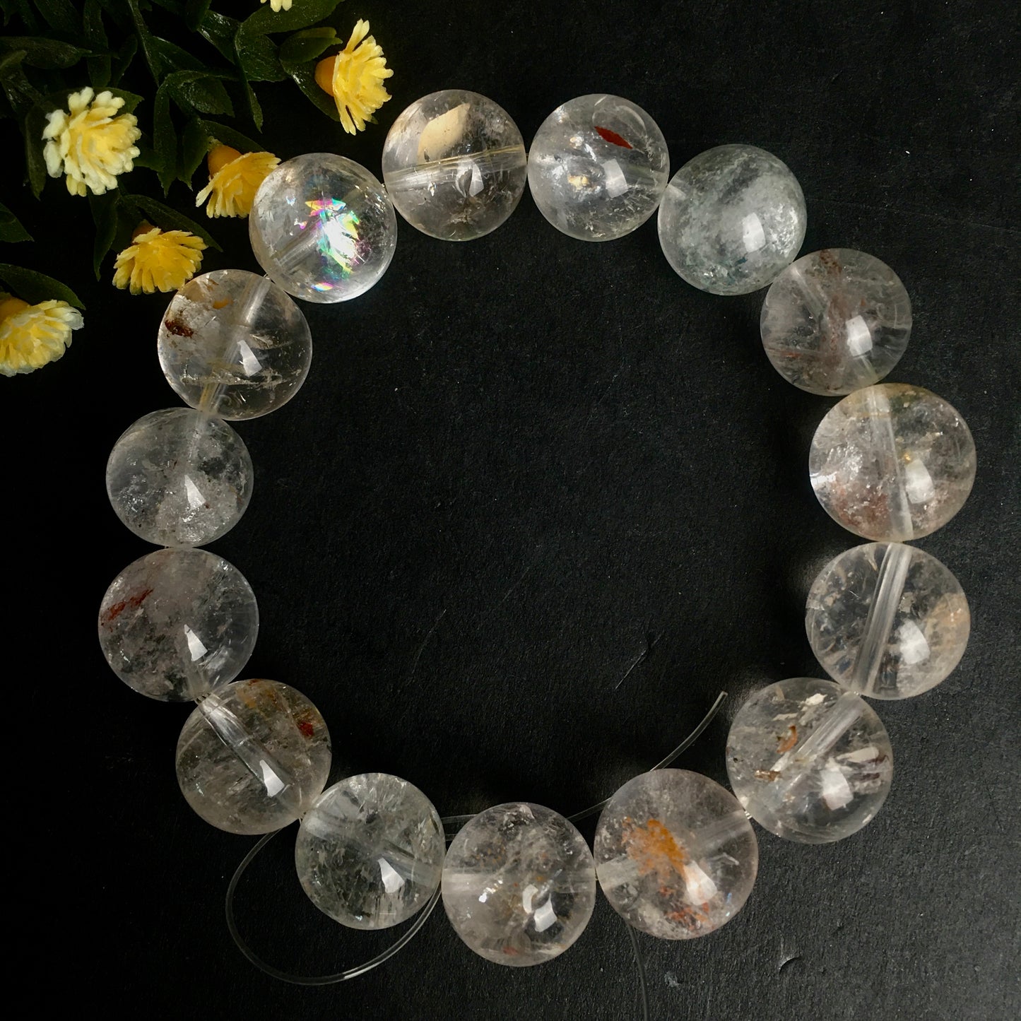 15mm Natural Clear Quartz Bracelet with golden healer  Energy Stone Beads Handmade Jewelry Elastic Bracelet