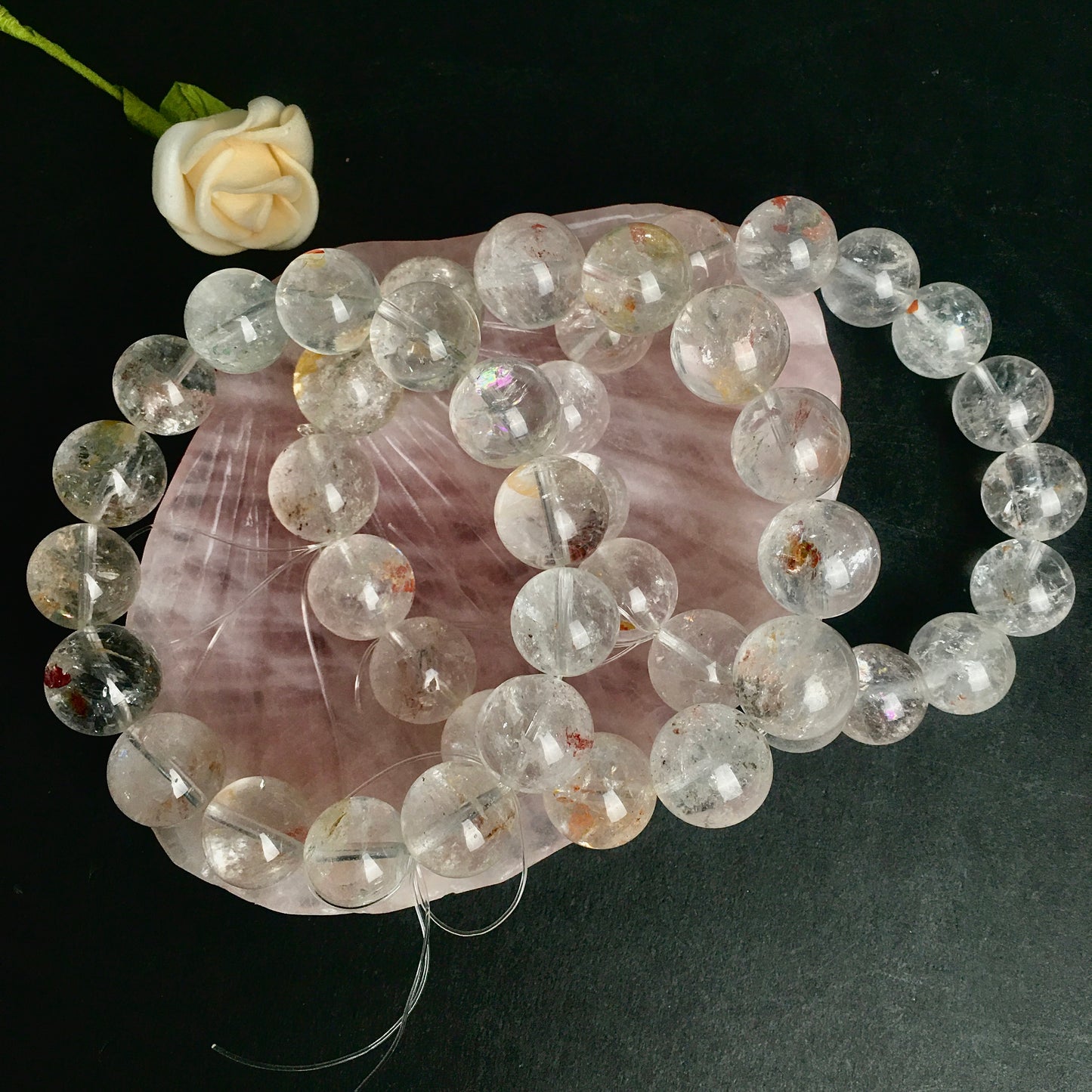 15mm Natural Clear Quartz Bracelet with golden healer  Energy Stone Beads Handmade Jewelry Elastic Bracelet