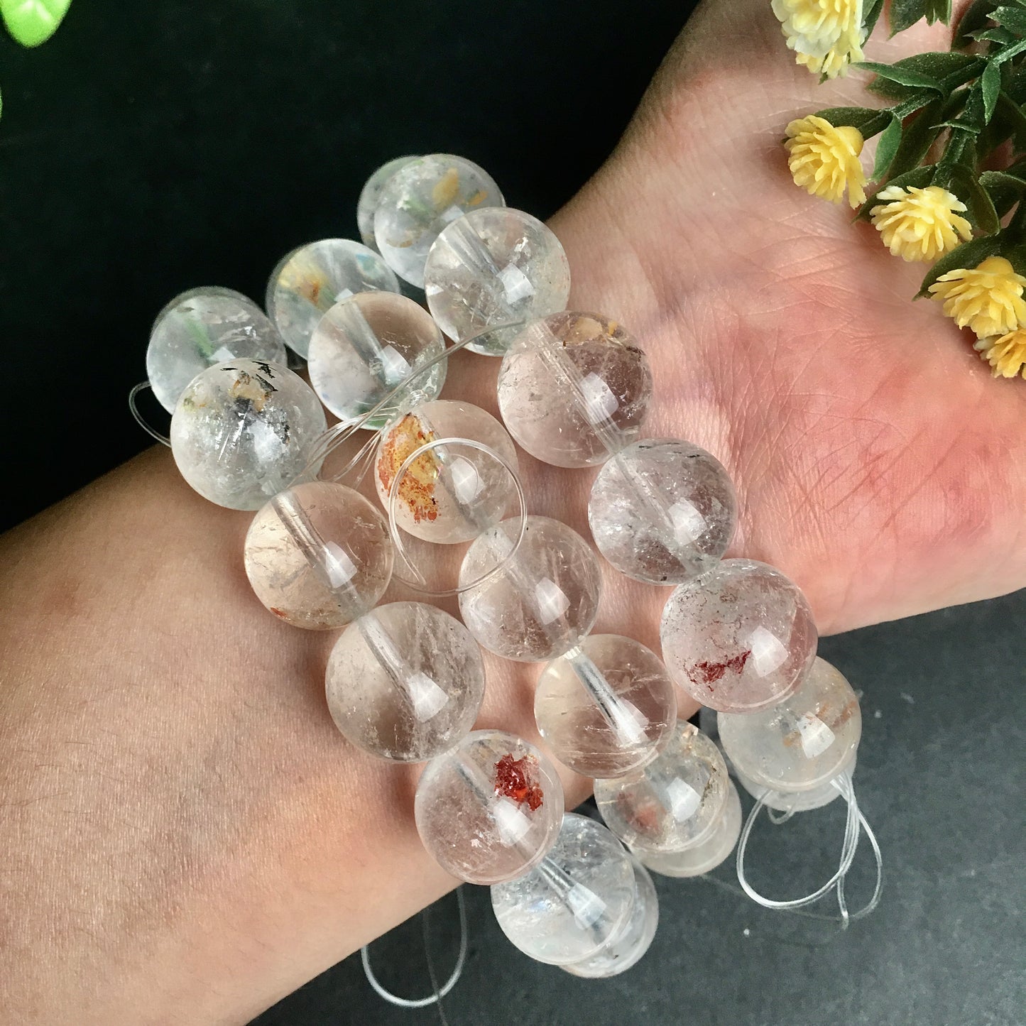 15mm Natural Clear Quartz Bracelet with golden healer  Energy Stone Beads Handmade Jewelry Elastic Bracelet