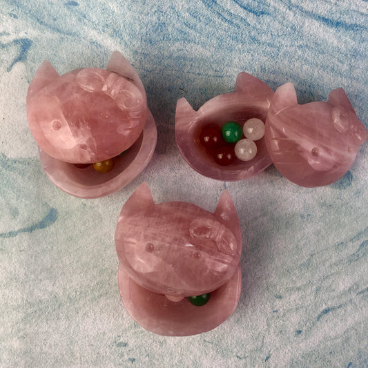Wholesale natural quartz healing crystal cat bowl  rose quartz crystal hello kitty bowl /storage box folk crafts