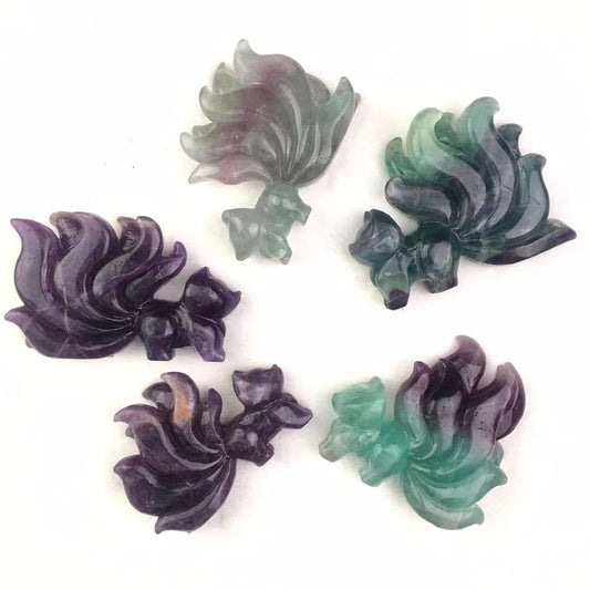 Hand Carved Natural Crystal Animal Carving Natural Fluorite Nine Tail Fox For Decoration