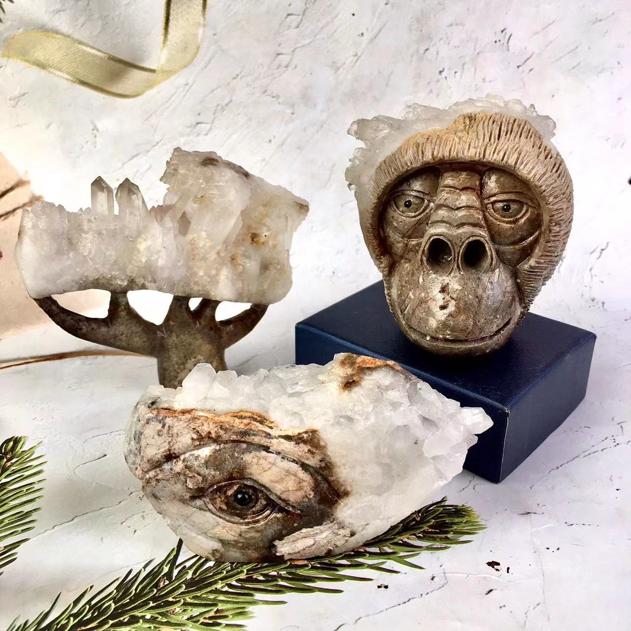 Wholesale natural hand carved crystals he-aling stones geode cluster carving  orangutan/Devil's eye/cluster tree