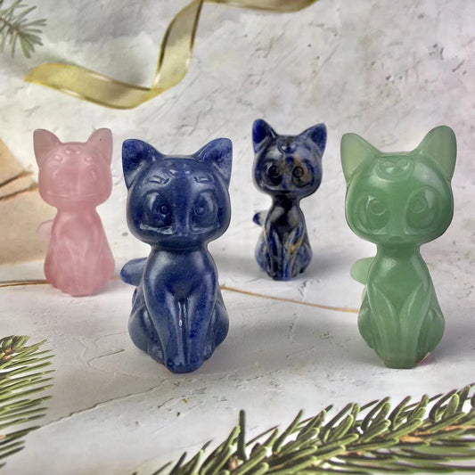 Natural Rose Quartz /Sodalite/Green aventurine Beauty Girl Soldier Sailor Moon Artemis Crystal Cartoon Carving Luna Cat