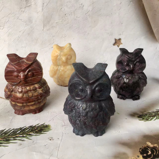 Natural Gemstone Carved High Quality Animal Statue Crystal Mookaite /Orange Calcite/ Blue Ruby ZOstite/Garnet and Fireworks  Owl