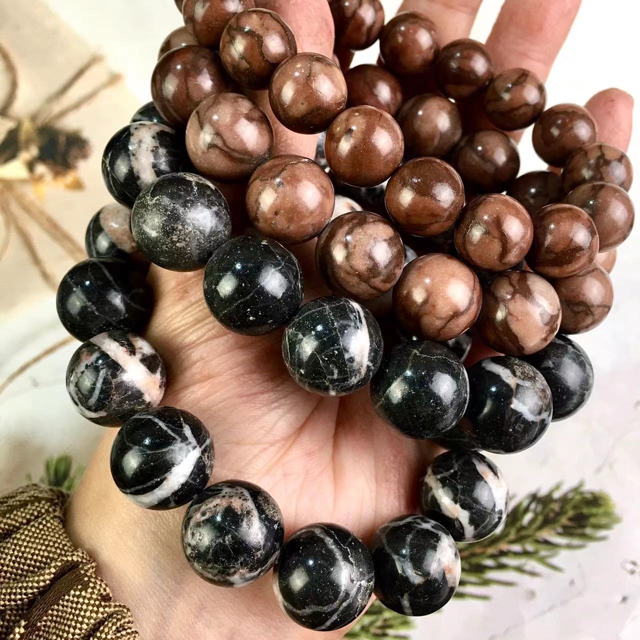 Natural Gemstone Black/Red leaf vein jasper Beaded Bracelet  Healing Yoga Bracelet for Women Men Jewelry