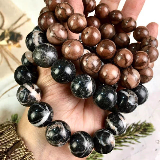 Natural Gemstone Black/Red leaf vein jasper Beaded Bracelet  Healing Yoga Bracelet for Women Men Jewelry