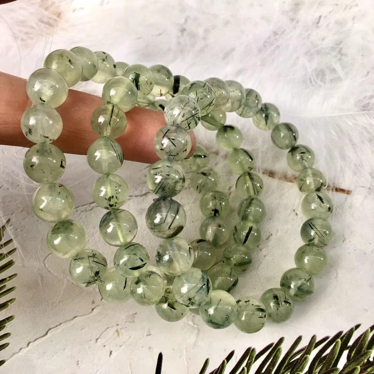 9MM Natural Prehnite Grape Stone Elastic Beaded Bracelets