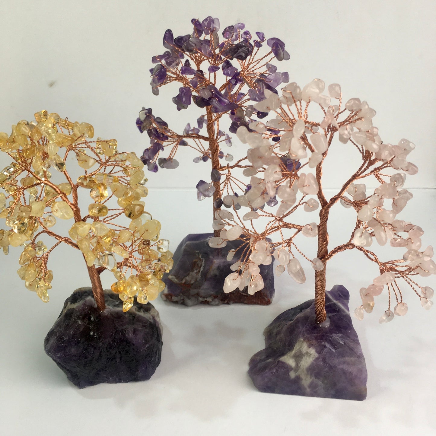 Wholesale bulk Natural Crystal Craft Tree Christmas dream amethyst rose quartz and citrine Gemstone Bonsai Coppe Crystal Tree  for decoraiotion