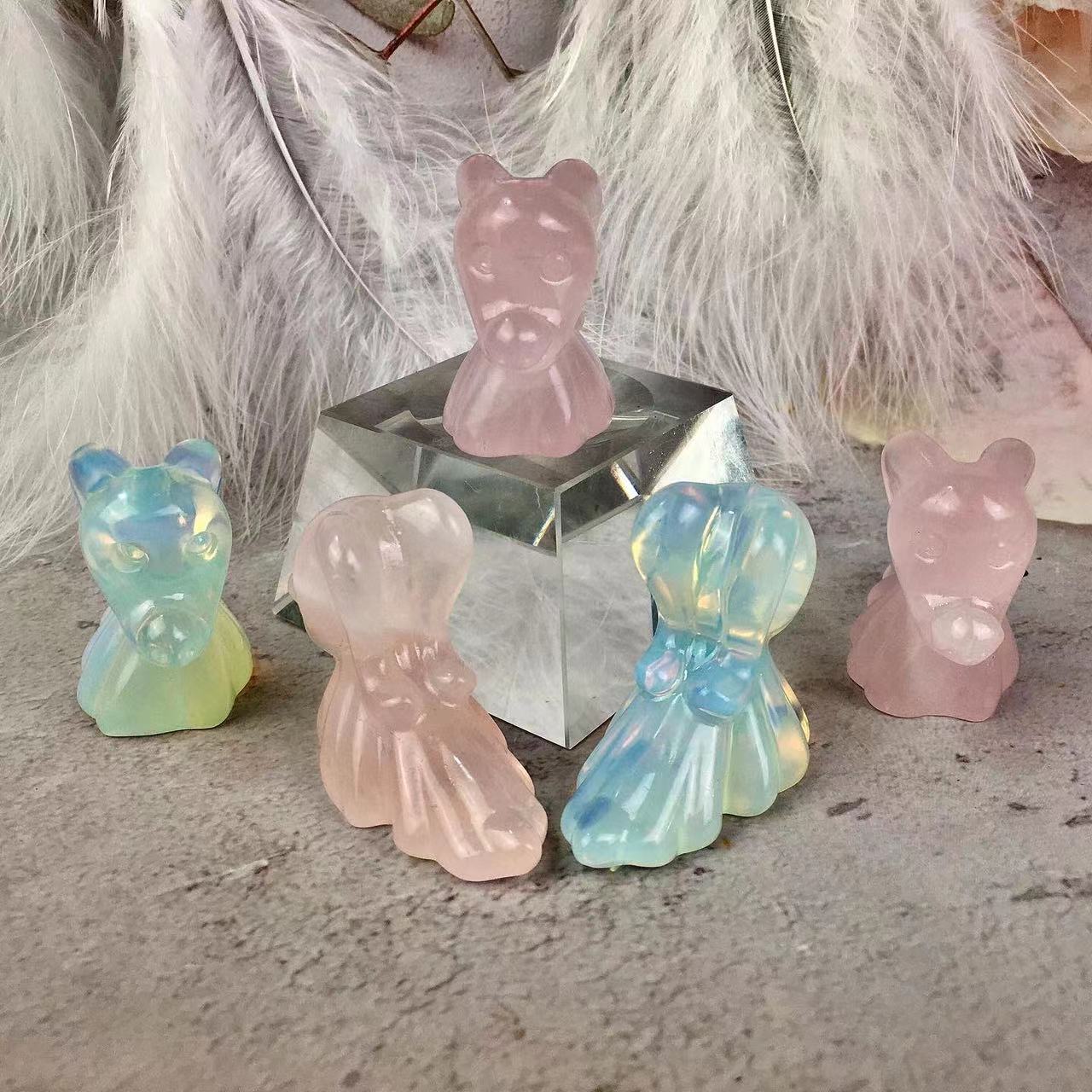 Wholesale natural crystal  Rose quartz and Pink Opal carving Halloween Ghost Dog Crystal ghost zero dog