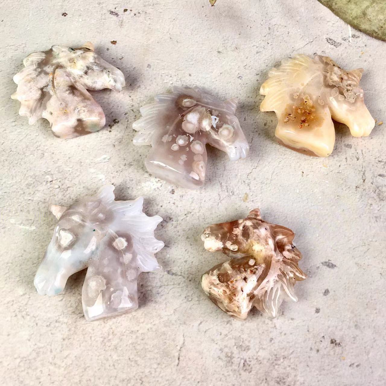 Wholesale Natural High Quality Hand Carved Sakura agate Unicorn  For Decoration