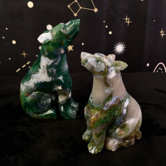 Wholesale high quality reiki natural crystal moss agate wolf carving for decoraiotion
