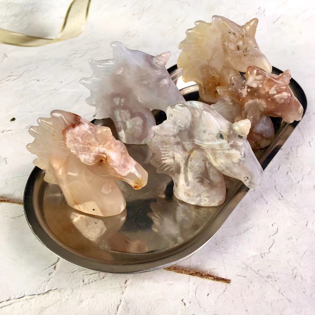 Wholesale Natural High Quality Hand Carved Sakura agate Unicorn  For Decoration