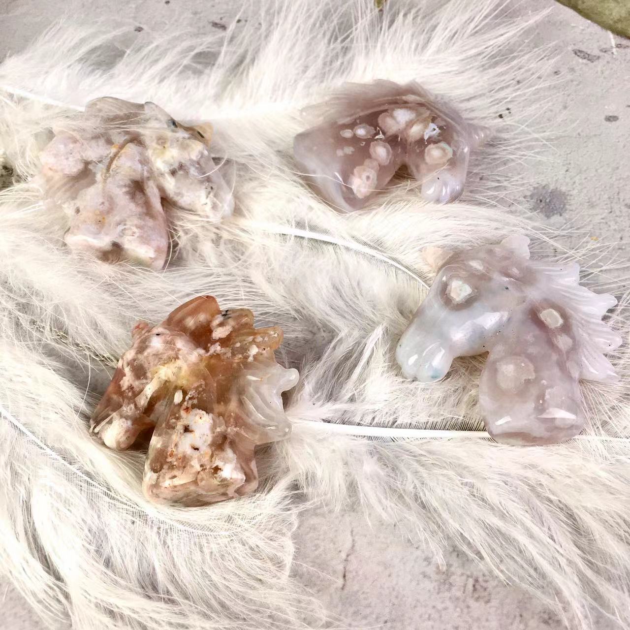 Wholesale Natural High Quality Hand Carved Sakura agate Unicorn  For Decoration