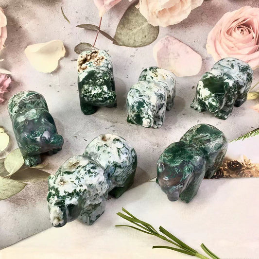 Wholesale crystal moss agate big size bear crystal craft moss agate bear for decoration