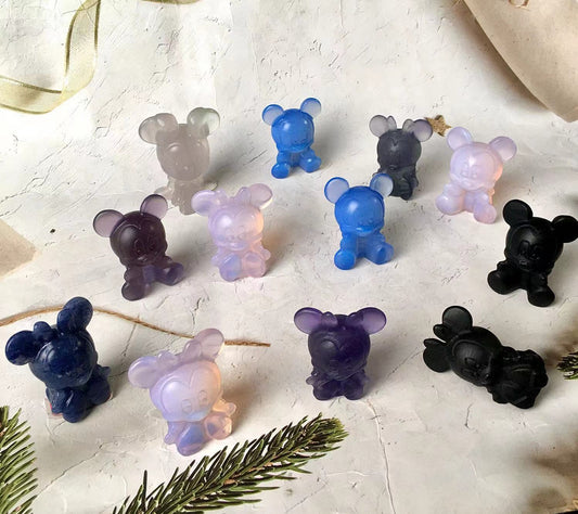 Natural crystal crafts obsidian and opal and fluroite and blue aventurine  carving animal Mouse Mickey minnie mouse folk crafts for sale